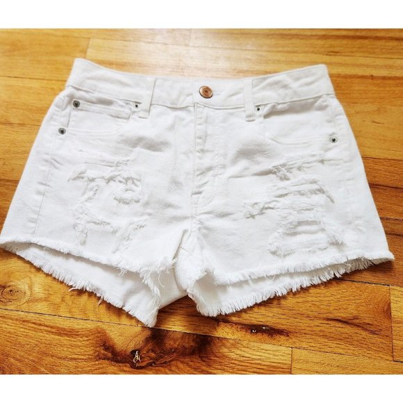 American Eagle Outfitters Pants - AMERICAN EAGLE White DESTROYED, Frayed Hem SUPER STRETCH Jean Shorts Sz 8/29"